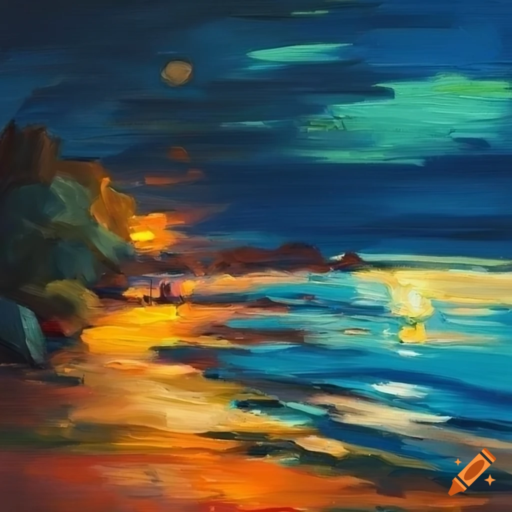 Oil painting of a serene night beach with a campsite on Craiyon