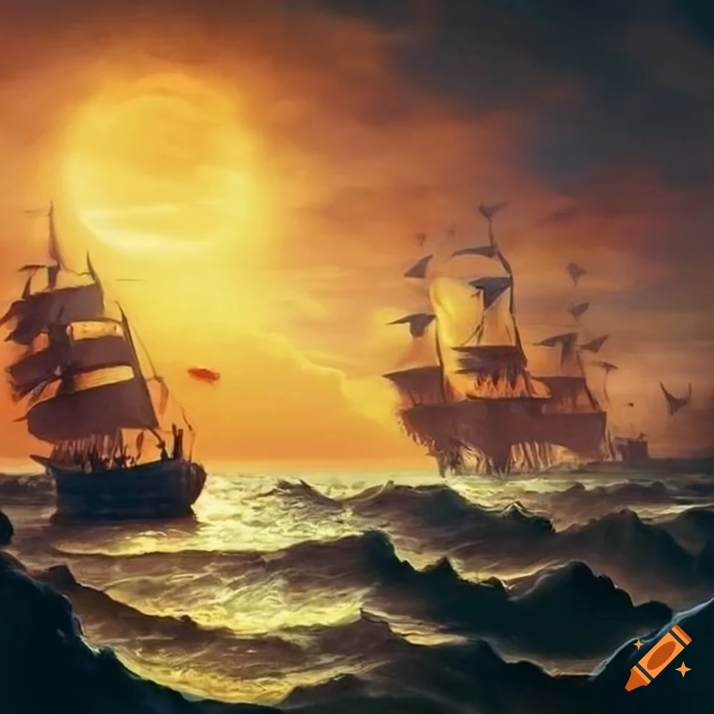hyperealistic artwork of a battle at sea during sunset