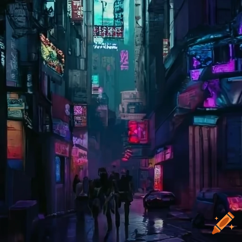 cyberpunk street crowded with people