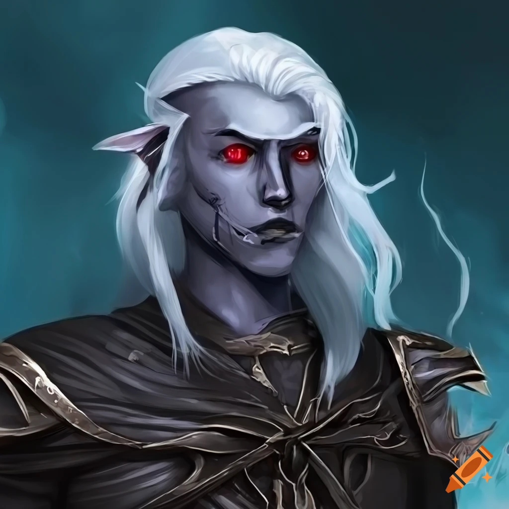Image of a male drow sorcerer with burned face and blind eye on Craiyon