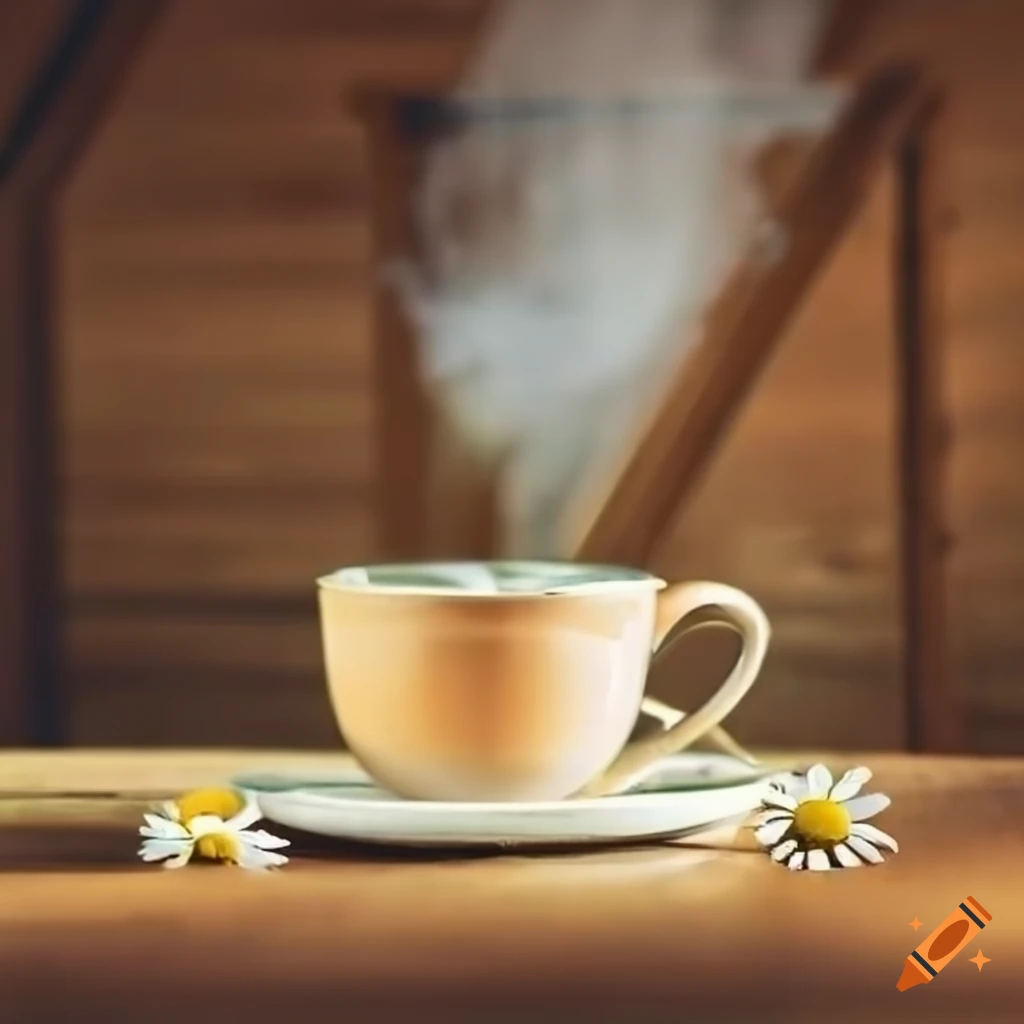 steaming tea in a teacup with chamomile plant on a wooden table