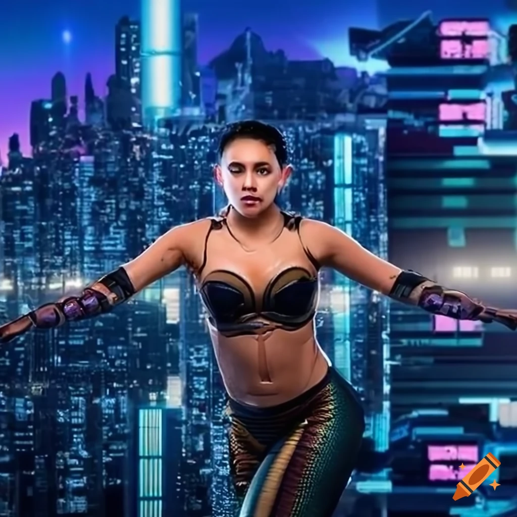 cyberpunk cityscape with DNA strands in the background