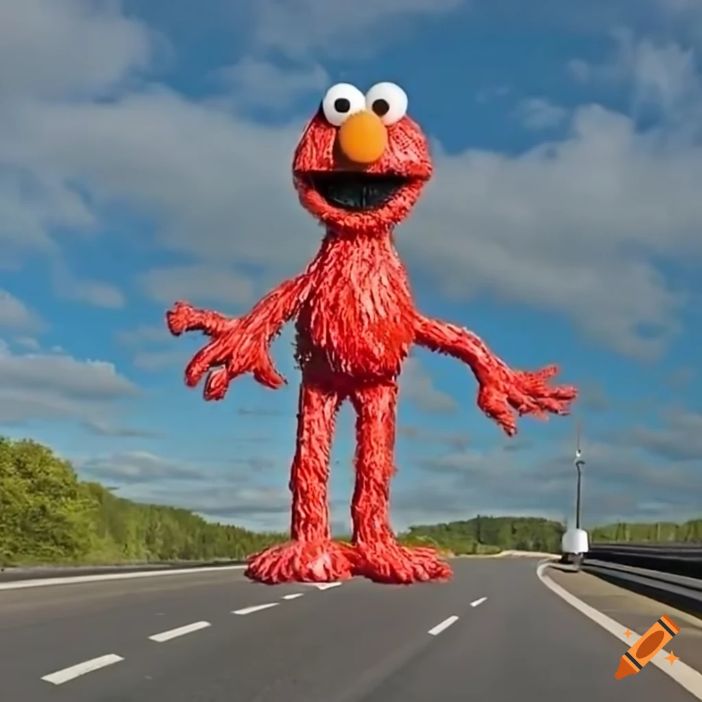 Giant elmo statue on a motorway on Craiyon