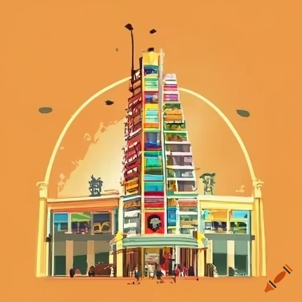 illustration of a grand entrance of a shopping mall with a golden ladder