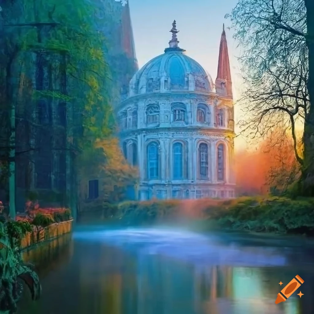 Monet's painting of a Victorian garden with a pond and a cathedral in the background