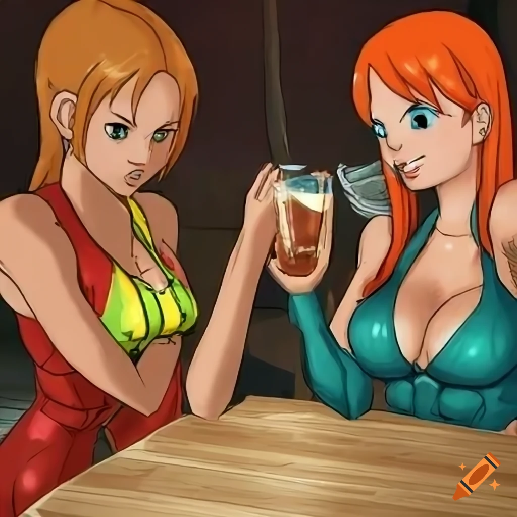 artwork of Samus Aran and Nami in a drinking contest