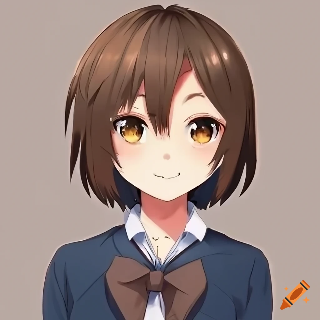 anime girl with brown hair and amber eyes smiling in a classroom