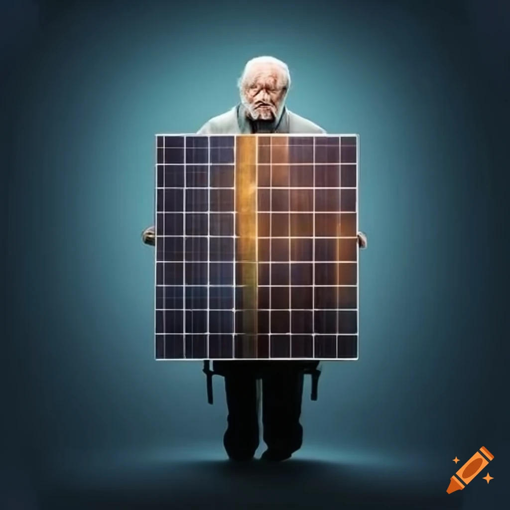 elderly man carrying a photovoltaic board