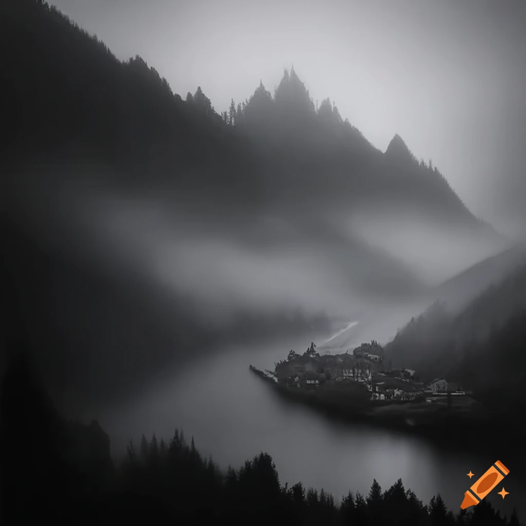 Panoramic photo of a foggy mountain small town scene