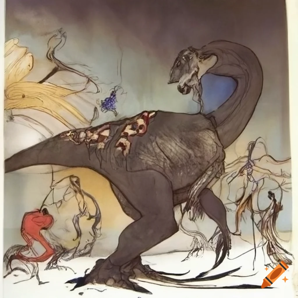 dinosaur concept art in Final Fantasy style by Yoshitaka Amano