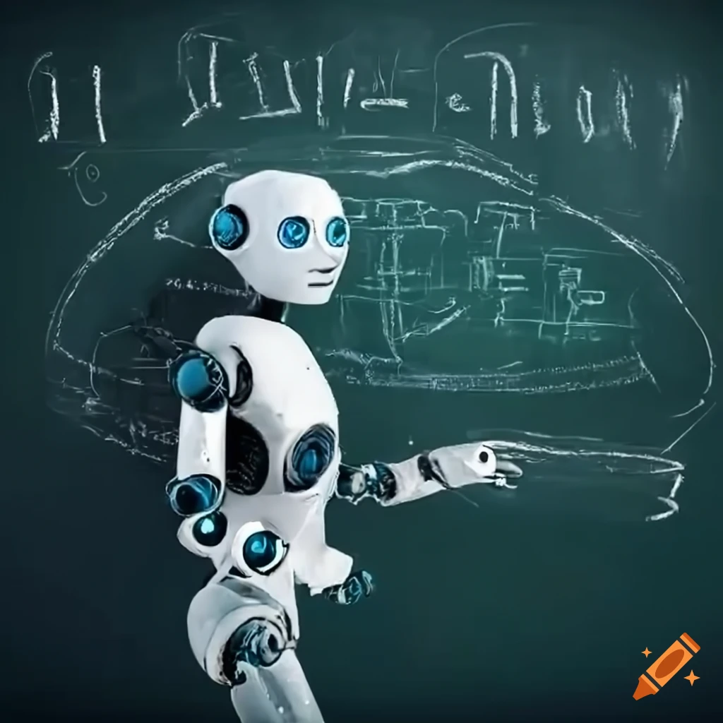 robot teacher writing on a blackboard