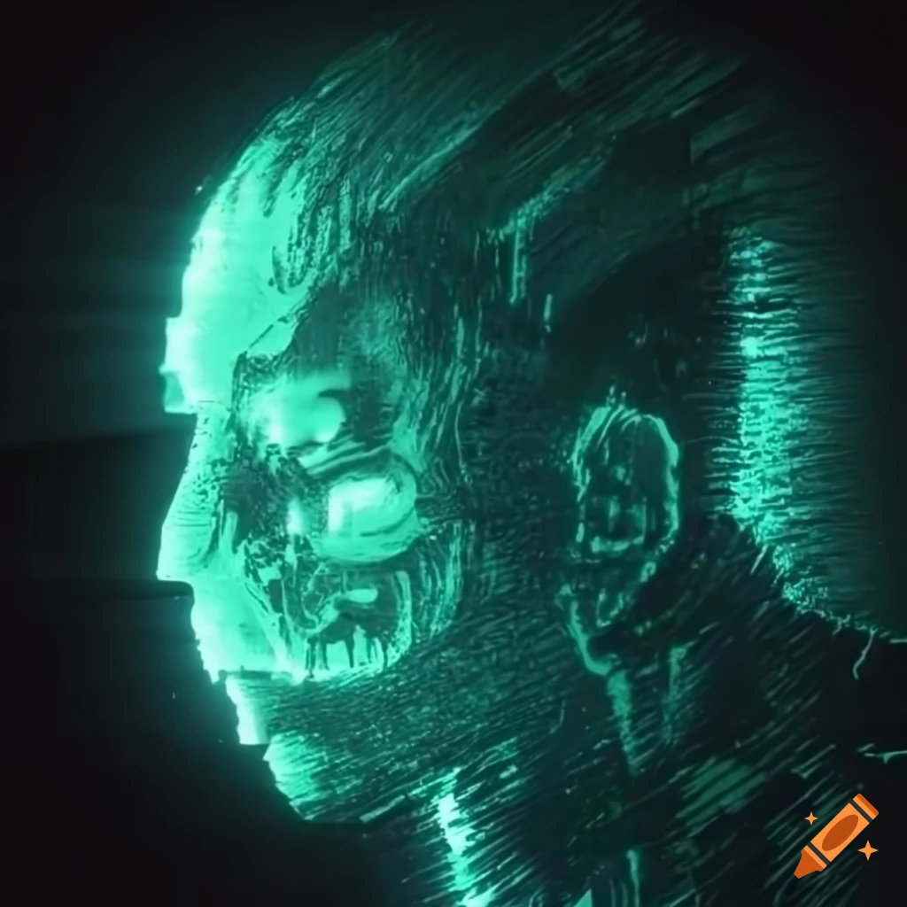 double exposure of oni with glitchy grunge textures in the background