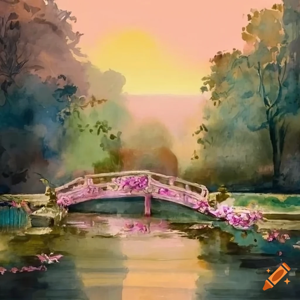 watercolor painting of a tranquil Victorian garden with a golden rococo balcony