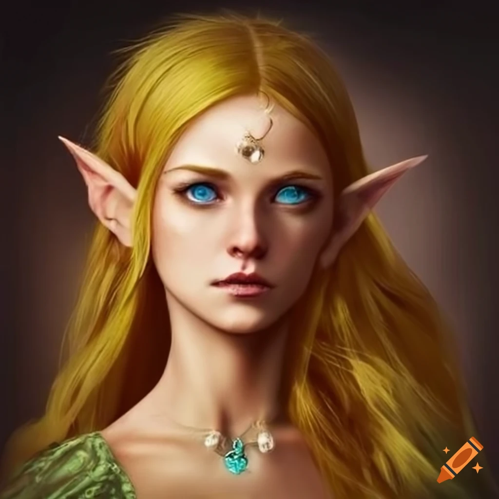 Photo of a young wood elf with golden hair and blue eyes on Craiyon
