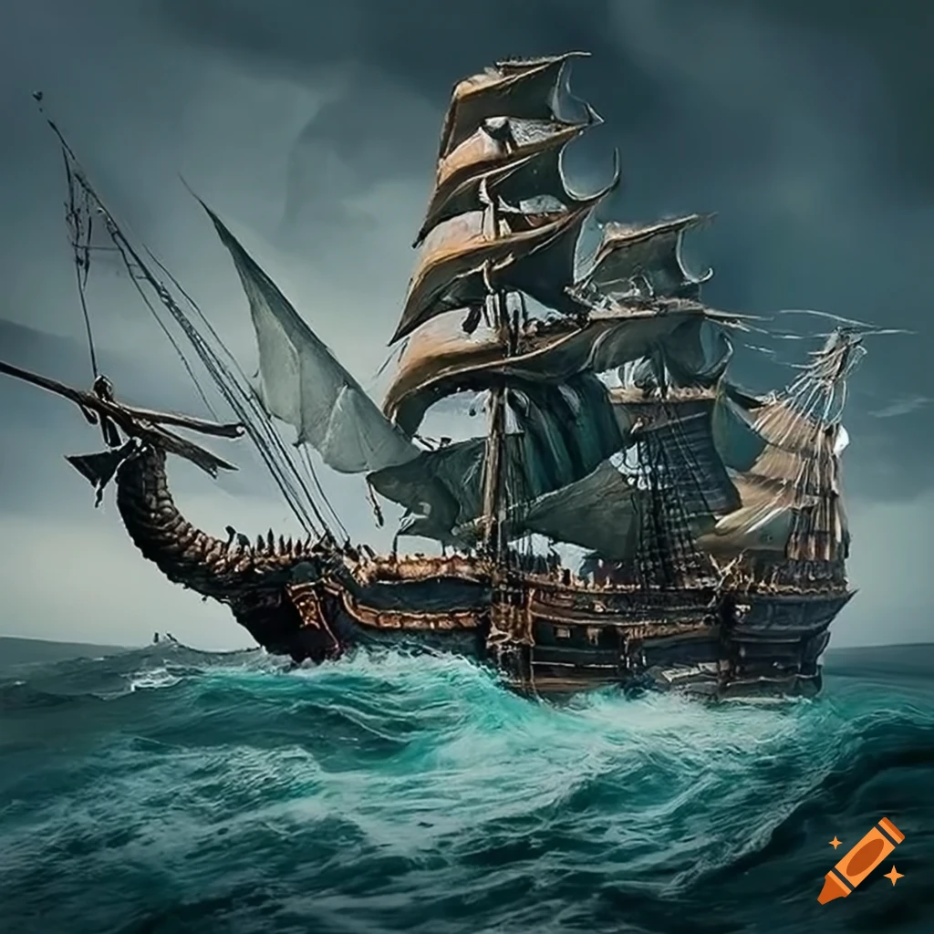 hyperrealistic painting of a pirate ship with a dragon figurehead at sea