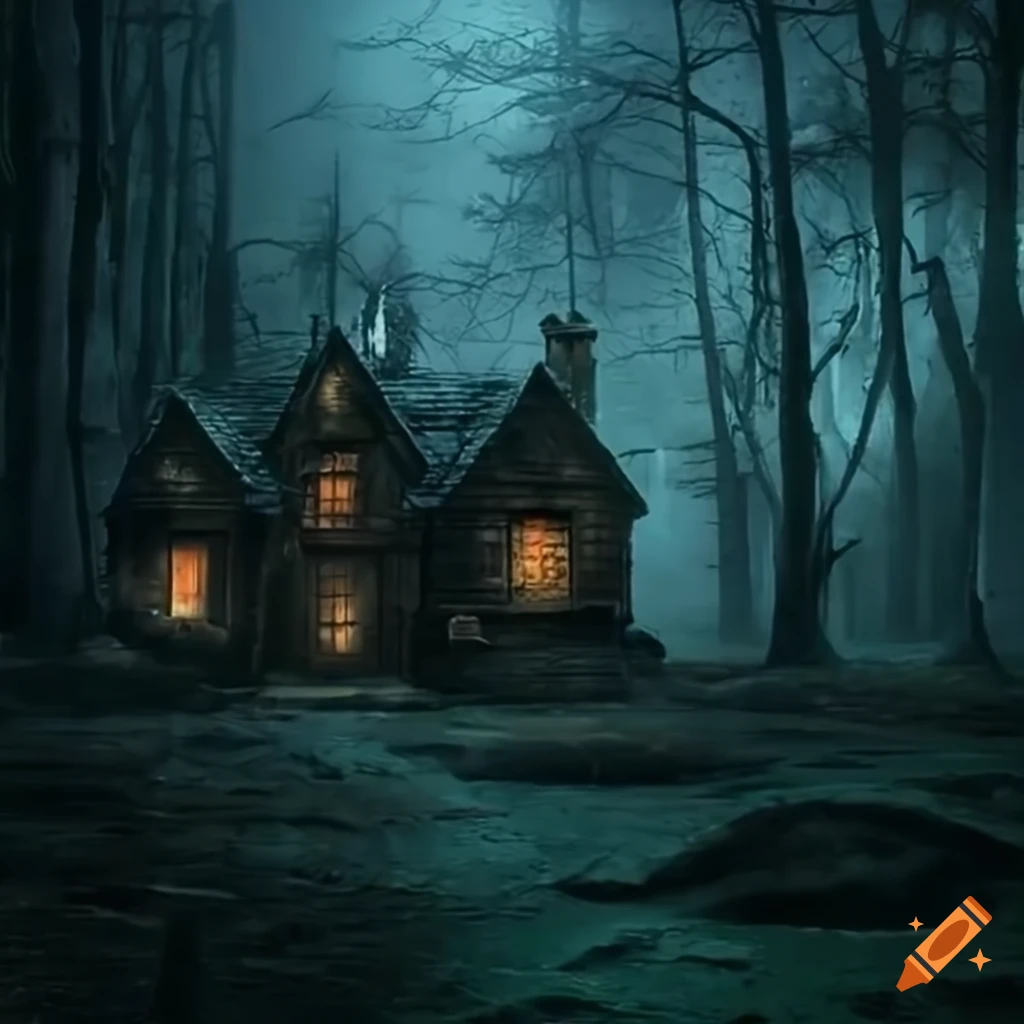 pintura de un bosque misterioso en la noche con una casa en ruinas y el texto Nightmare en la pared