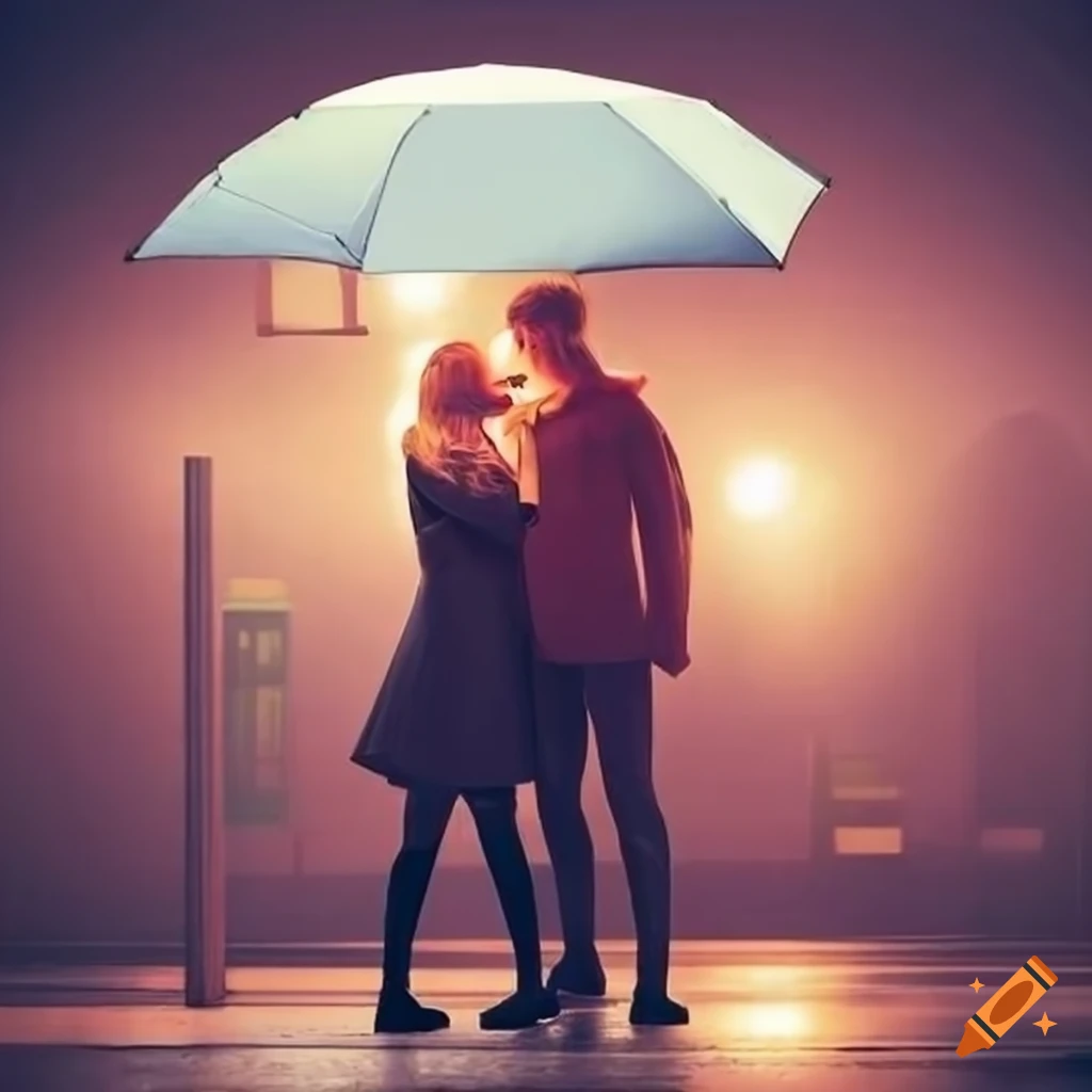 couple with umbrella waiting at bus stop