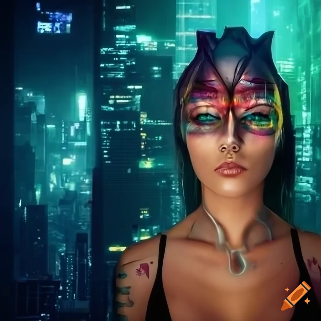 hyper detailed cyberpunk cityscape with DNA elements in the background