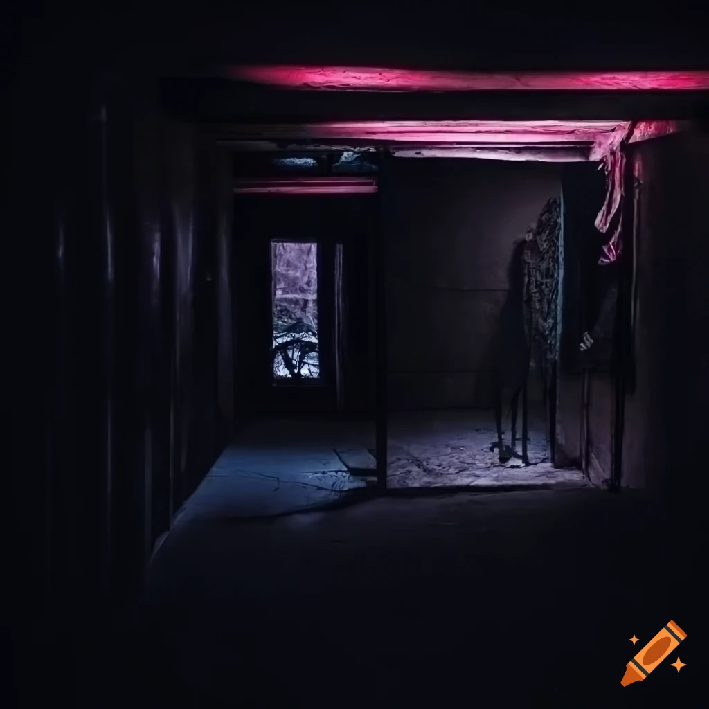 neon-lit basement with clothes on the wall