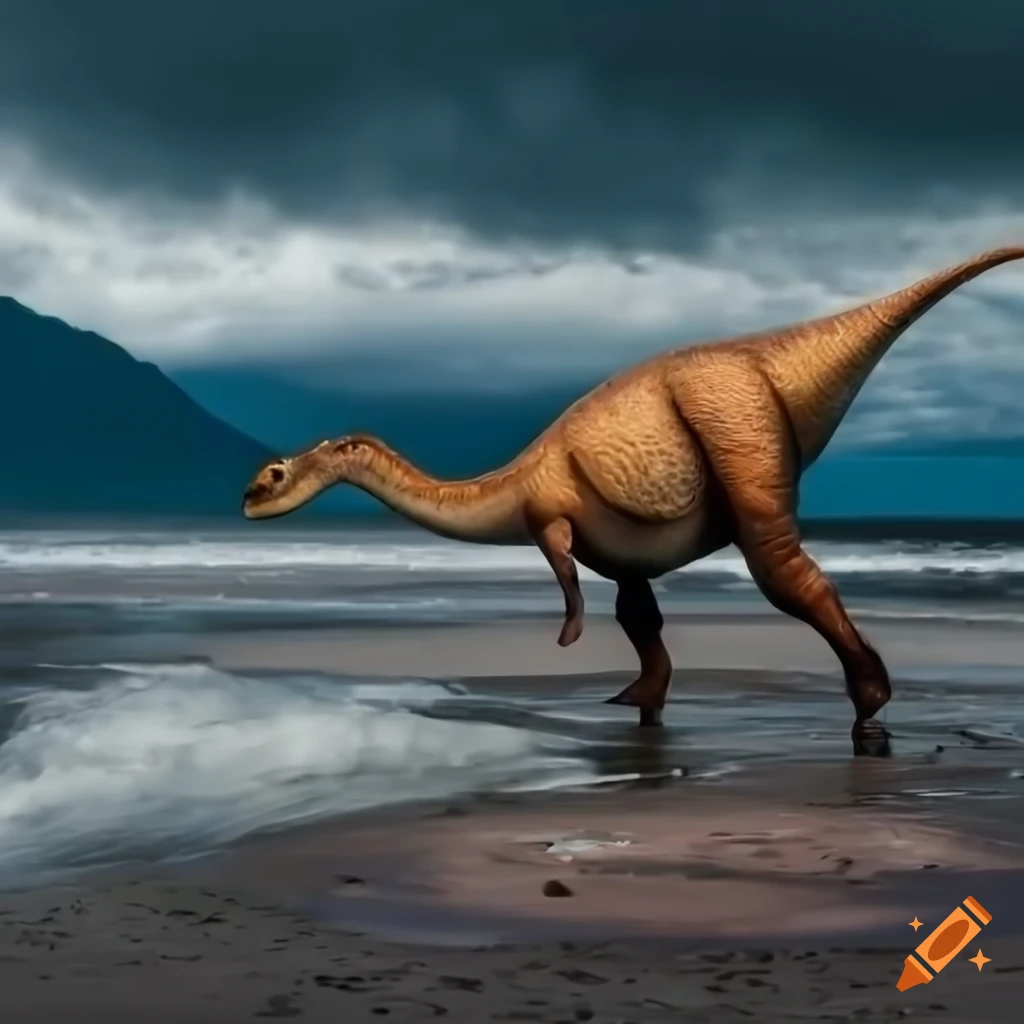 Paleoart of a Hadrosaurus on a beach with stormy sky on Craiyon