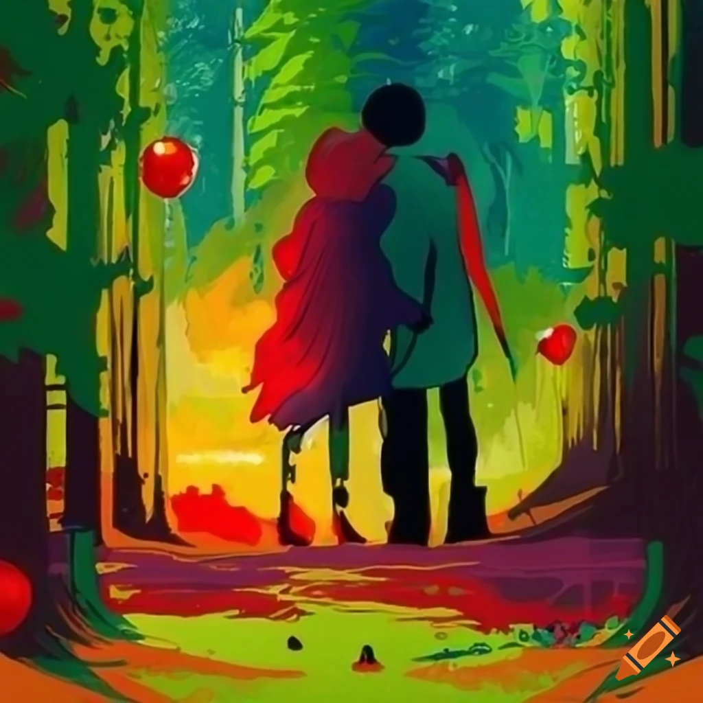 pintura abstrata de uma família brincando na floresta