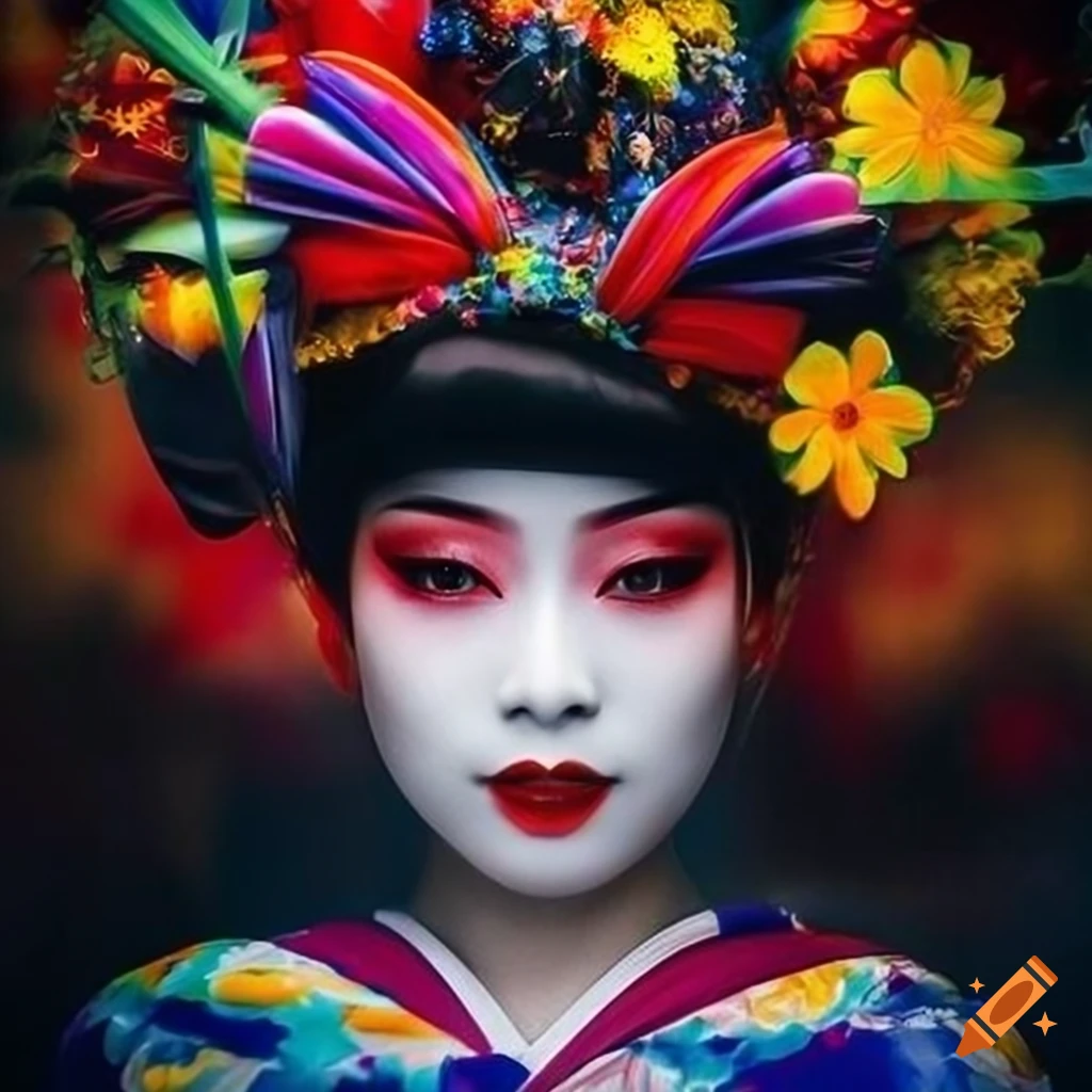 hyperrealistic portrayal of a psychedelic geisha