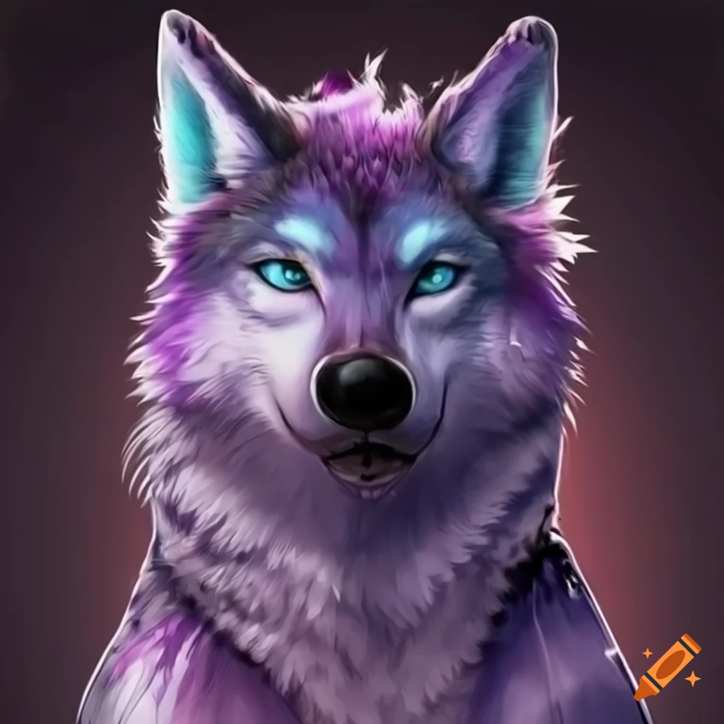 Anthropomorphic male wolf with purple hair and blue ears on Craiyon