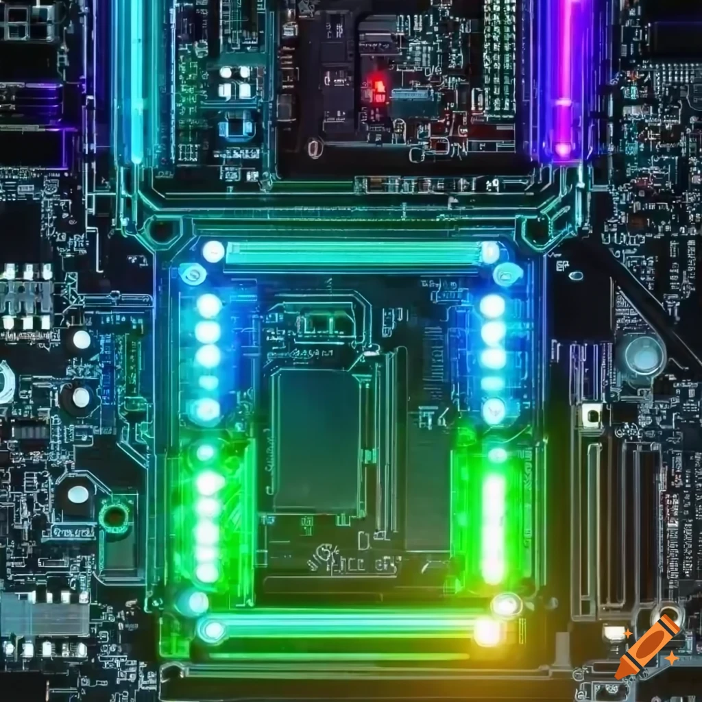Close up of a colorful computer motherboard on craiyon