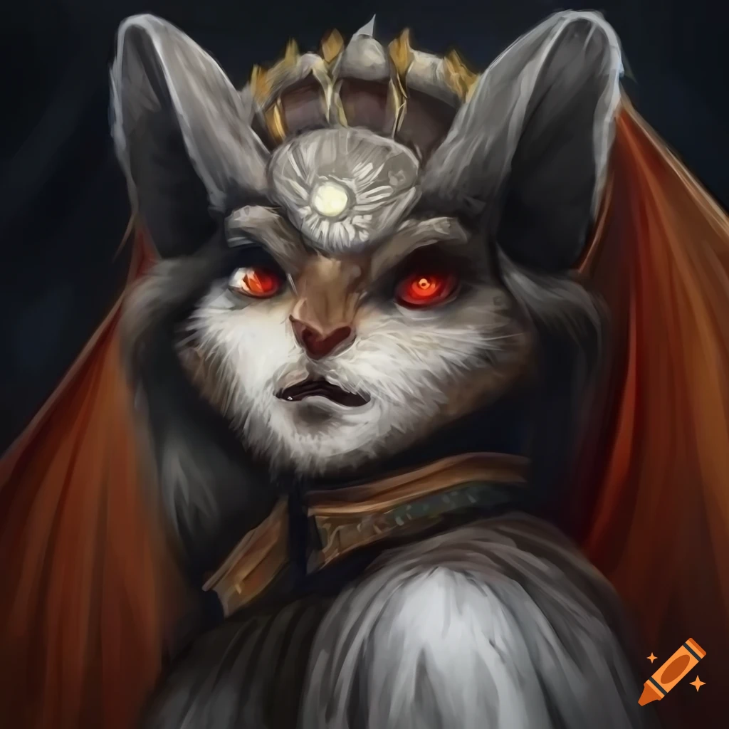 portrait of a cleric bat character with black, grey, and white fur