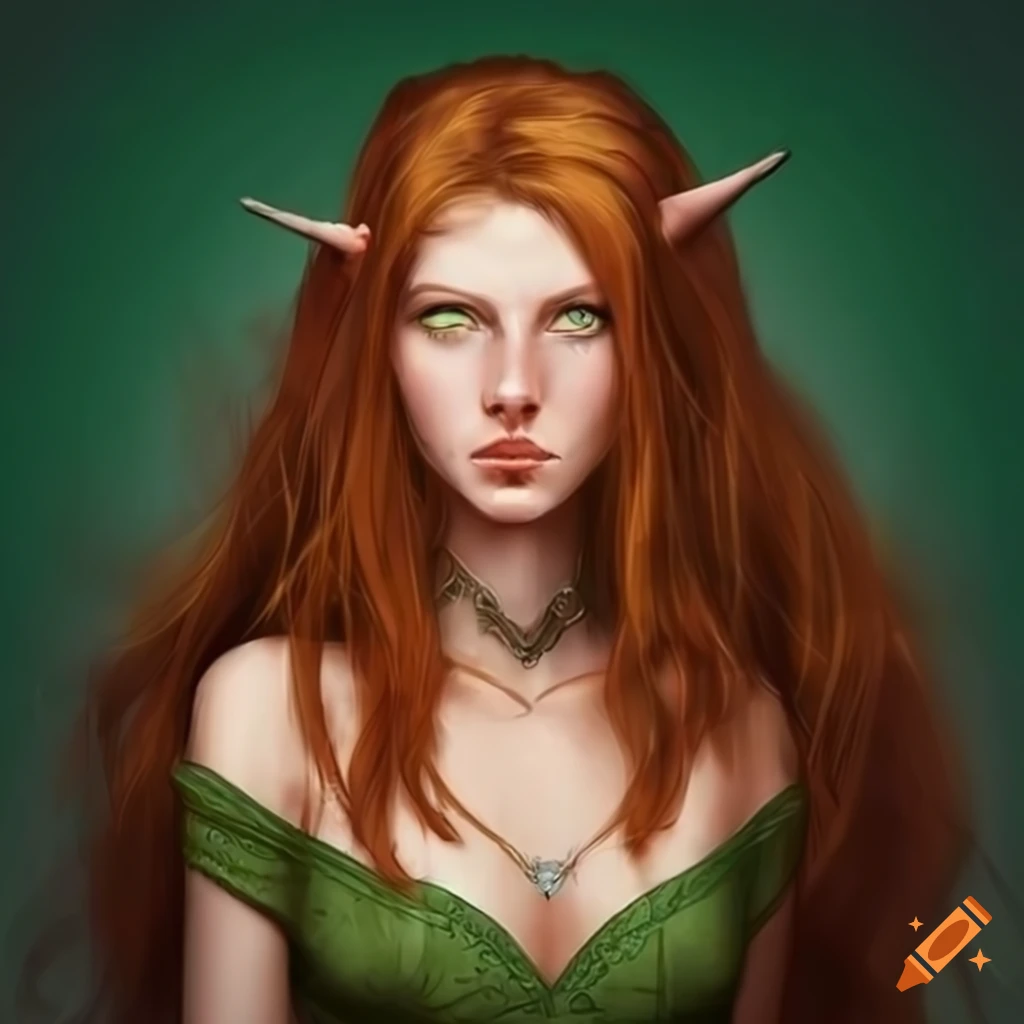 Illustration of an auburn haired elven woman with green eyes and ...