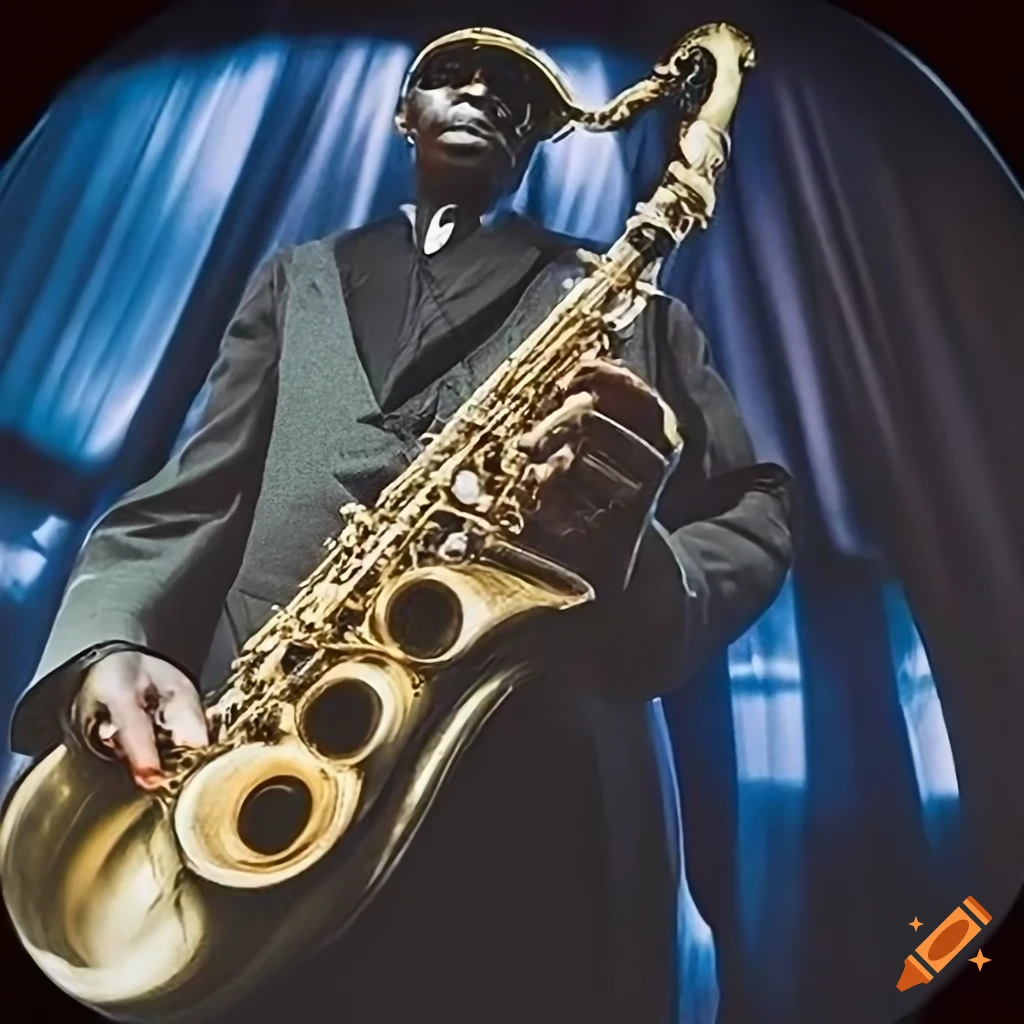 photo of a black male saxophonist performing in a jazz club