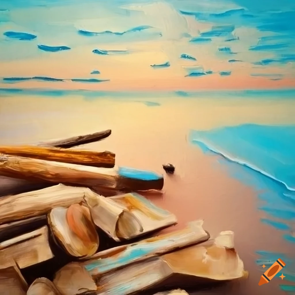 Oil painting of a beach with stacked wood