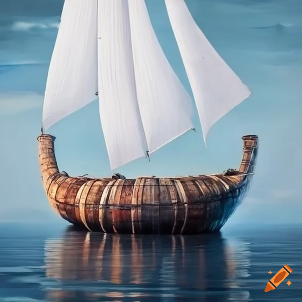 surreal hyperrealistic artwork of a colossal boat made from a wine barrel sailing the ocean