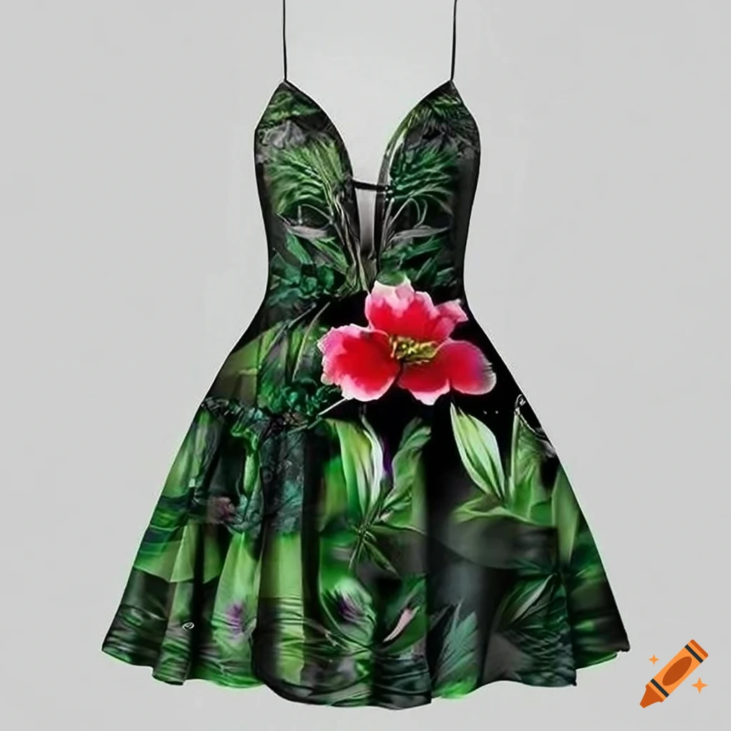 3D rendering of a mini babydoll dress with tropical prints