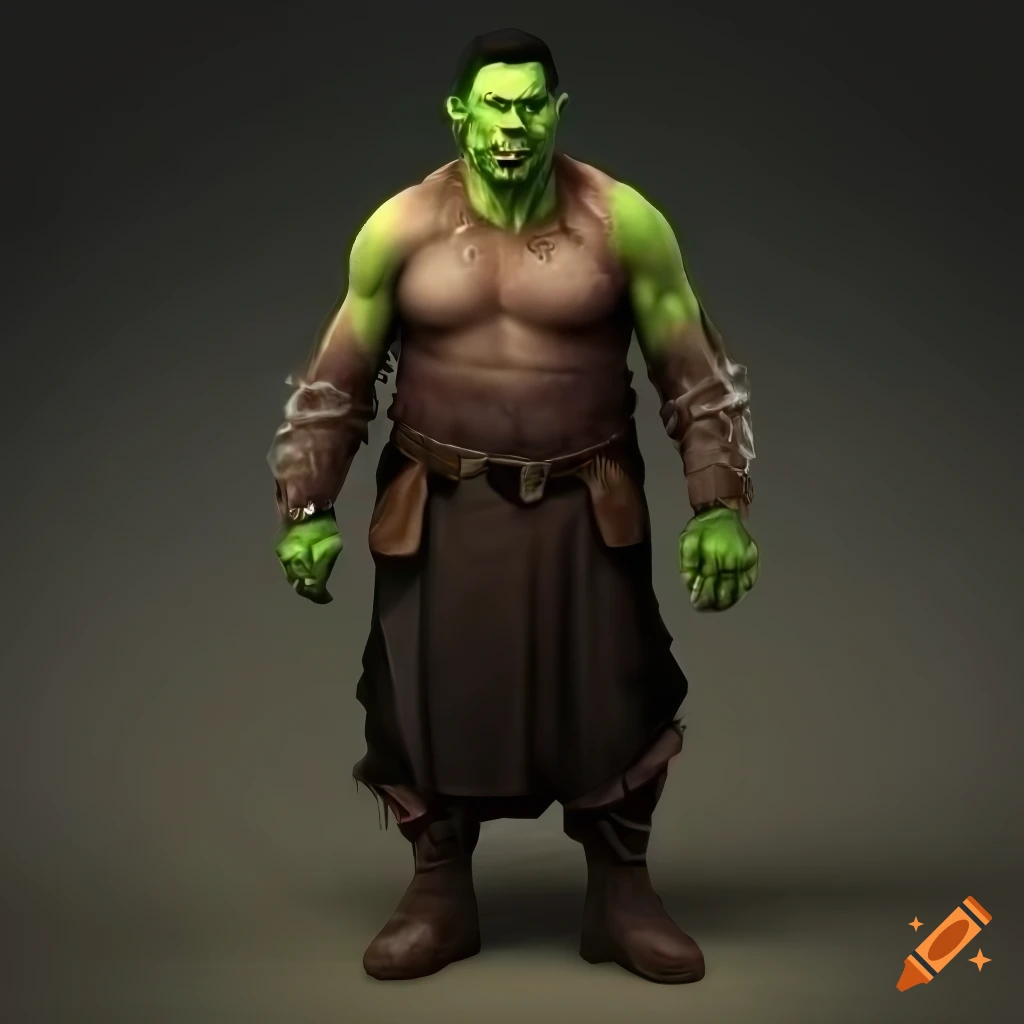 photorealistic image of a mature half-orc man with black hair and green eyes