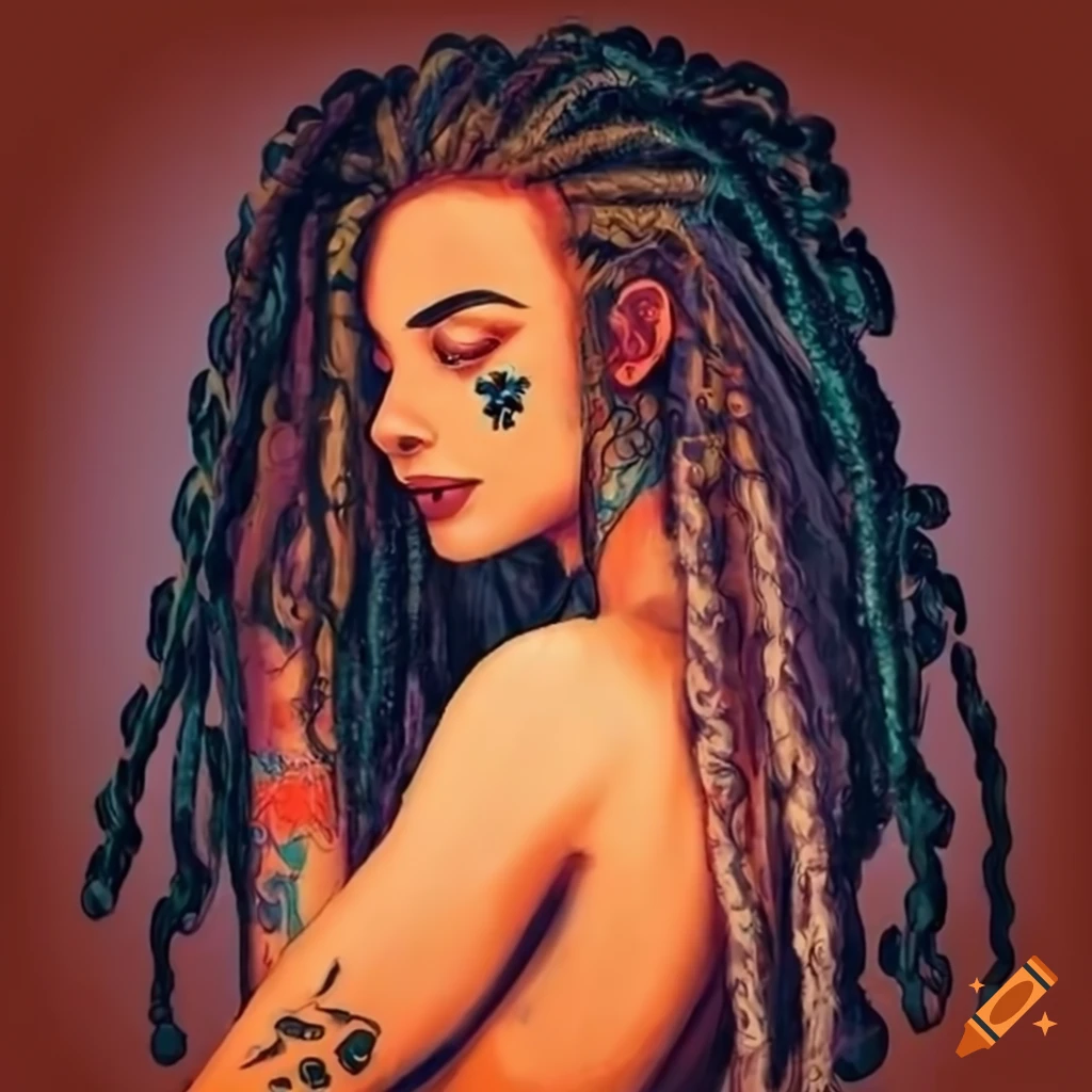 drawn image of a peaceful boho girl in a crystal-filled bath