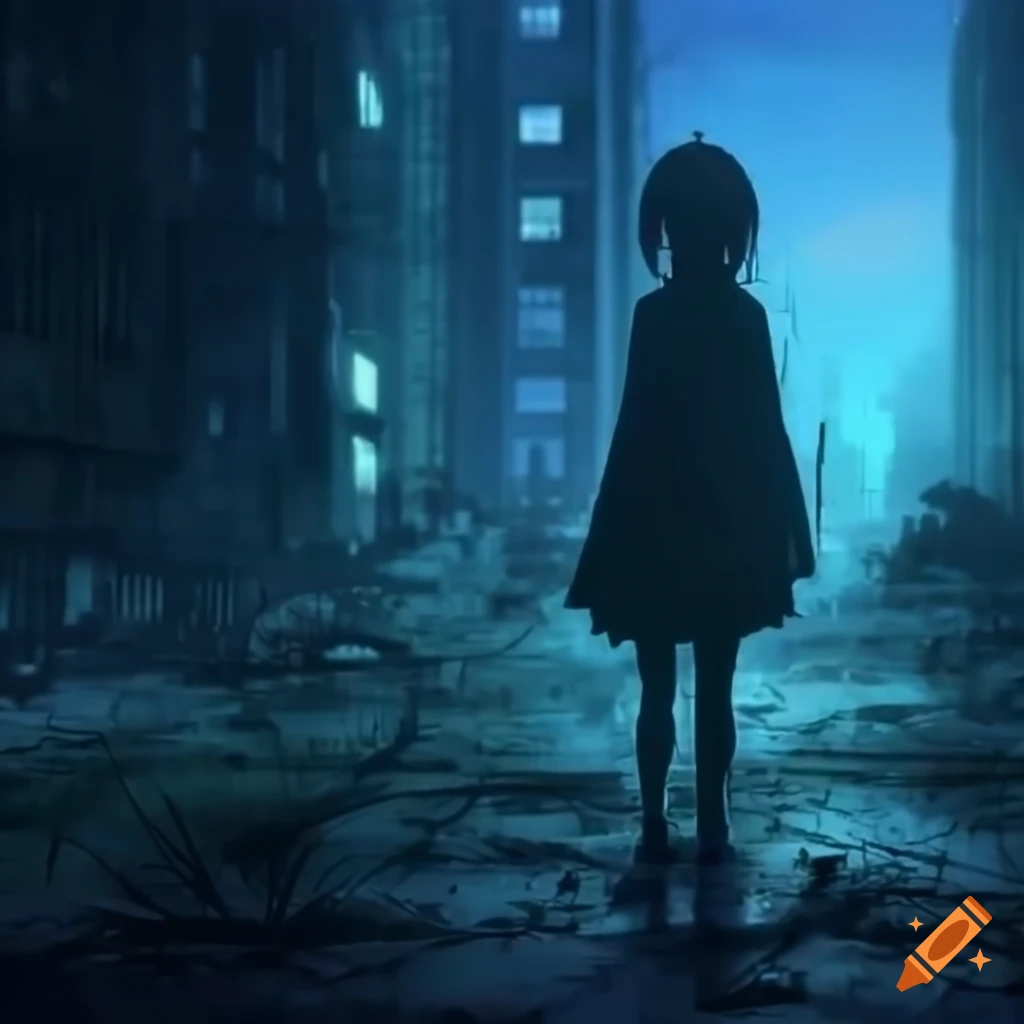close up of an anime girl in an abandoned city