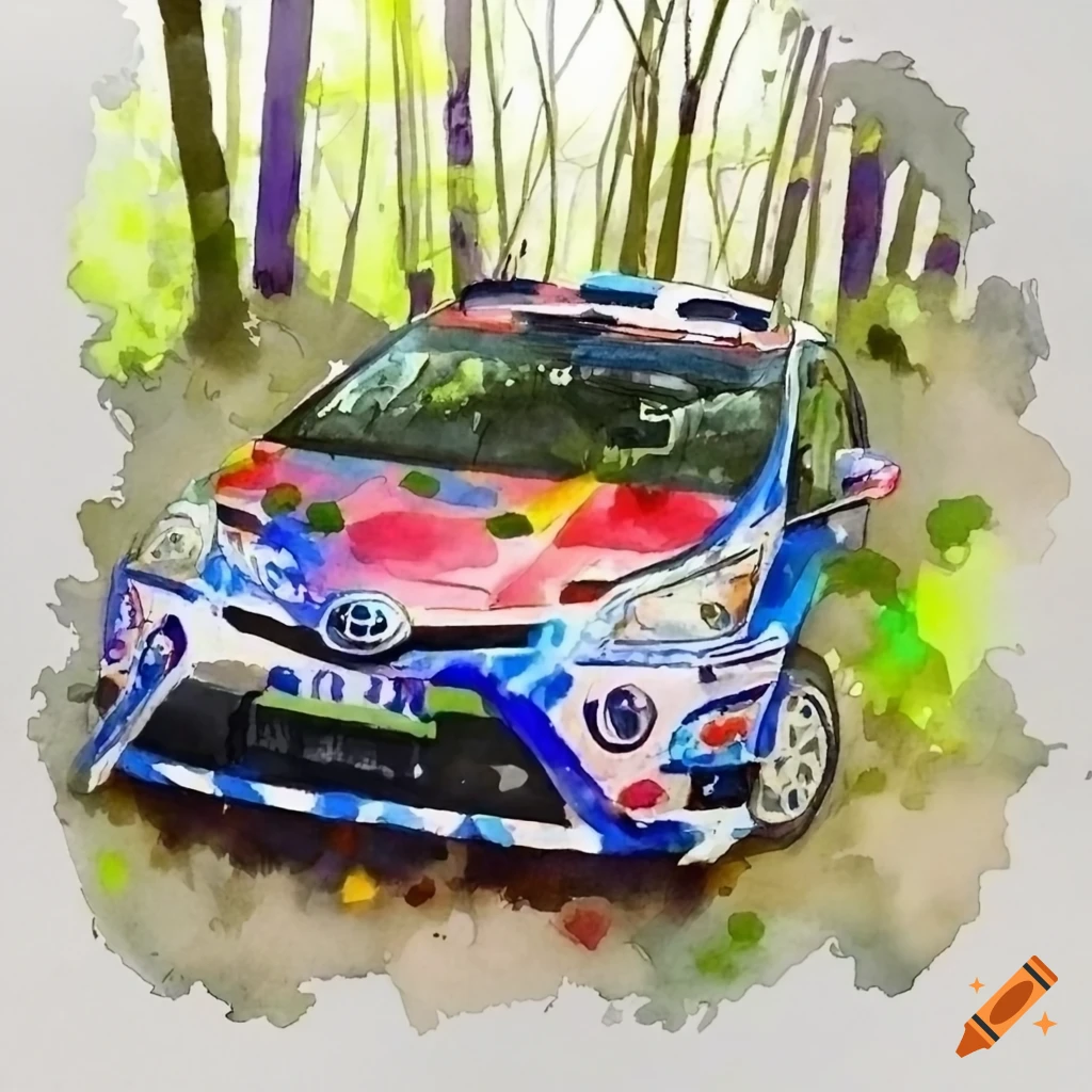 watercolor of an extreme rally Toyota Prius in the forest