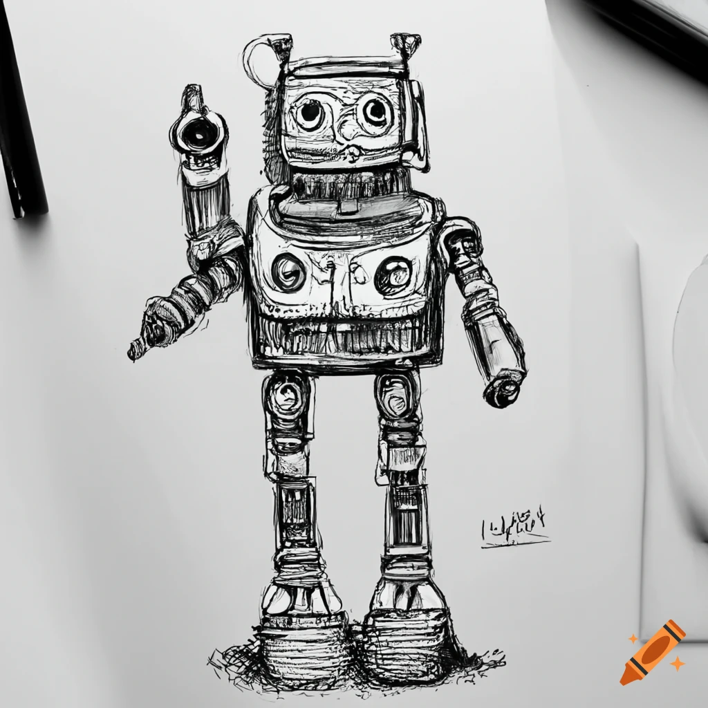 Detailed ink drawing of a futuristic red robot on Craiyon