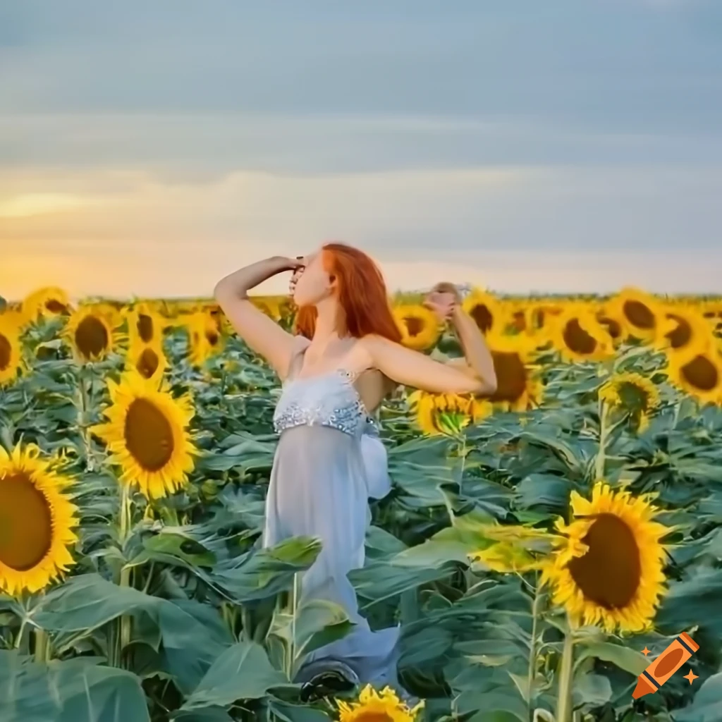 Red-haired woman dancing in a sunflower field on Craiyon
