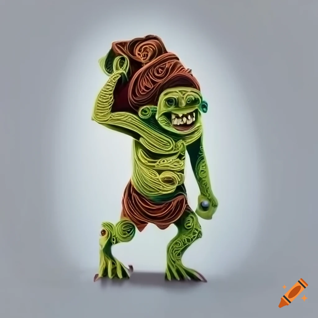 quilled paper craft of a cave troll carrying a sack