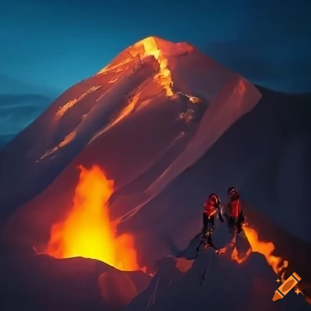 mountain climbers scaling a dangerous burning mountain