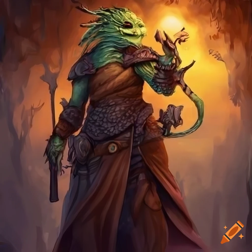 fantasy illustration of a dragonborn lizard cleric