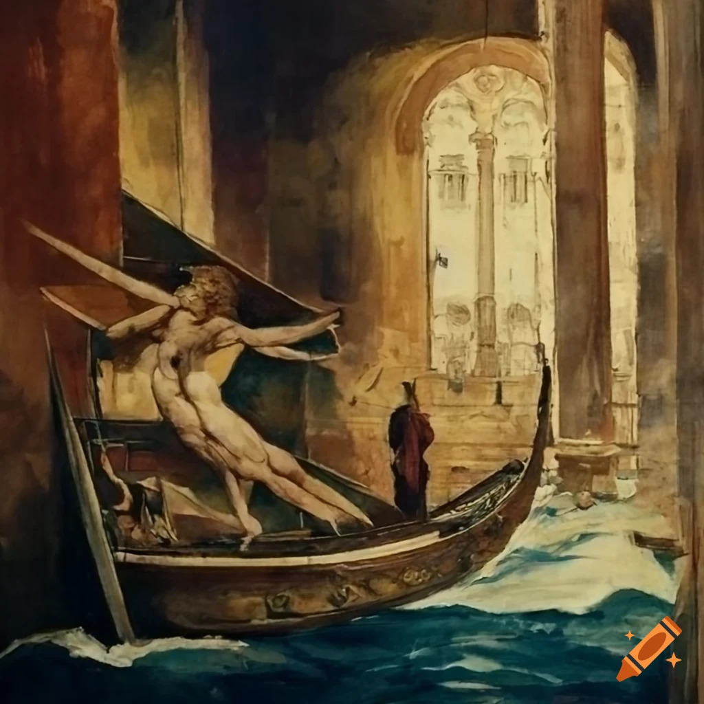 artwork of a sinking Venice inspired by Schiele, William Blake and Safet Zec
