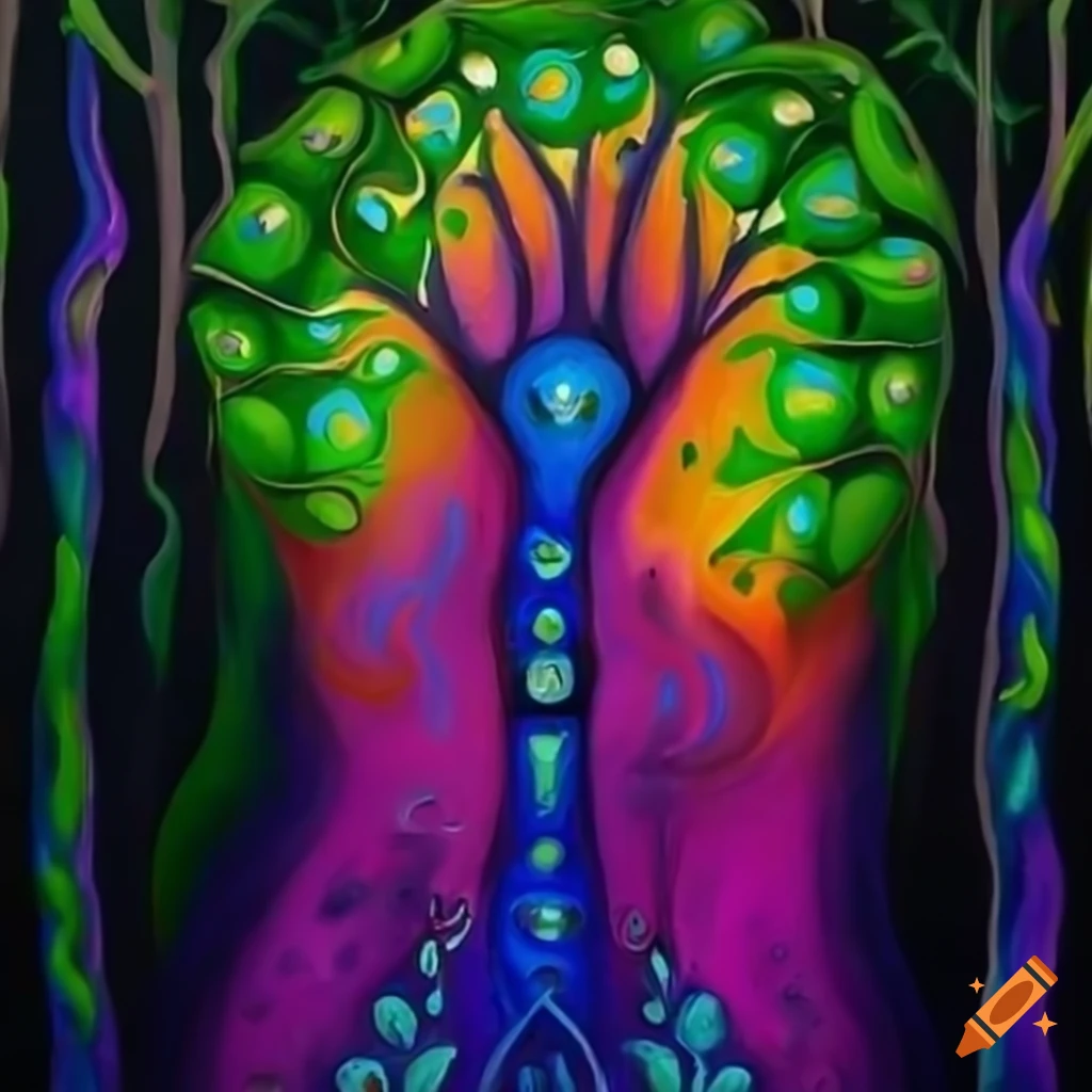 pintura a óleo de uma família em um ritual de ayahuasca na floresta