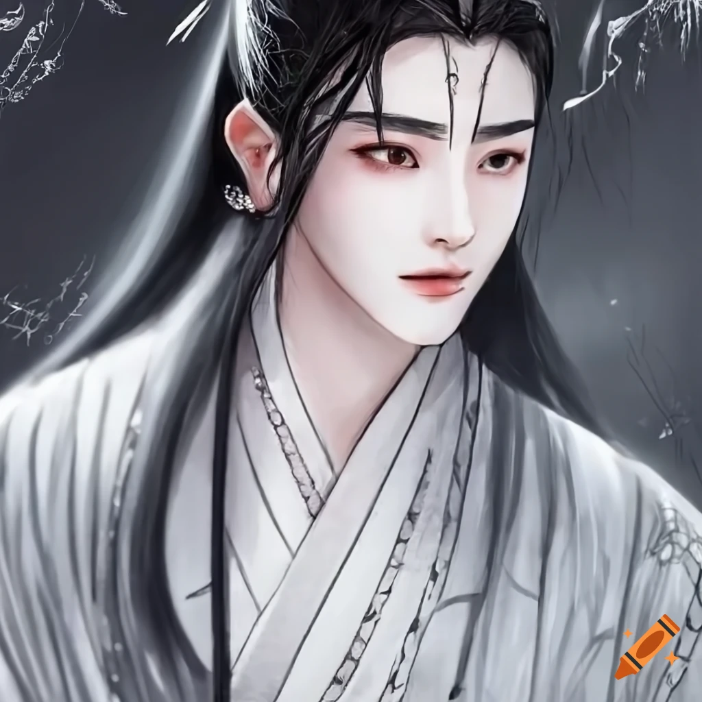 Lan xichen wearing a white hanfu, bright eyes, clear forehead