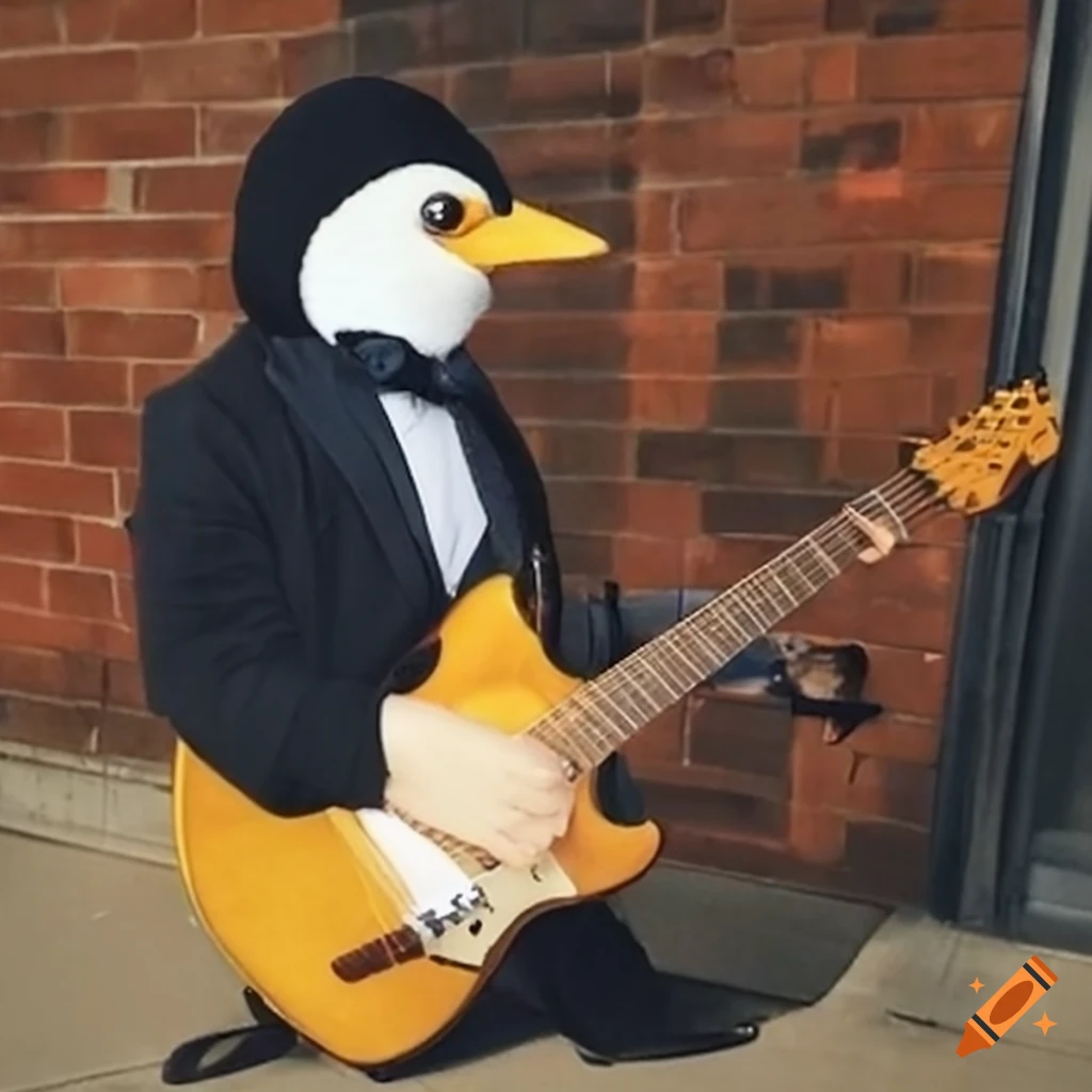 penguin playing guitar in a corporate setting