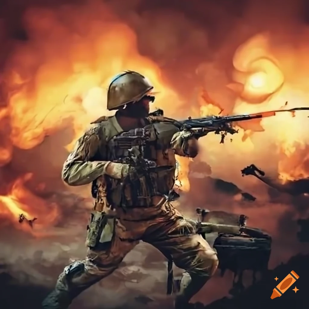 intense battle scene with explosions and soldiers