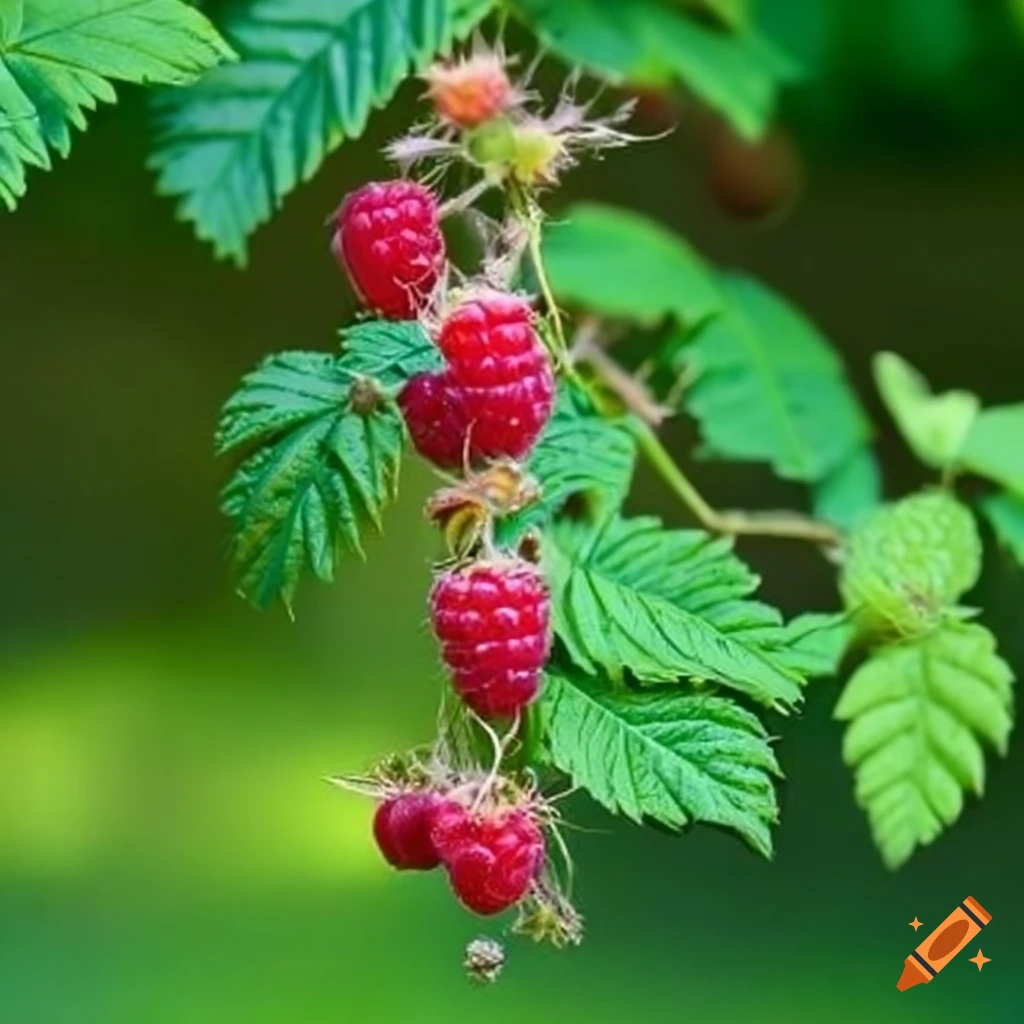 Closeup of a raspberry plant on Craiyon