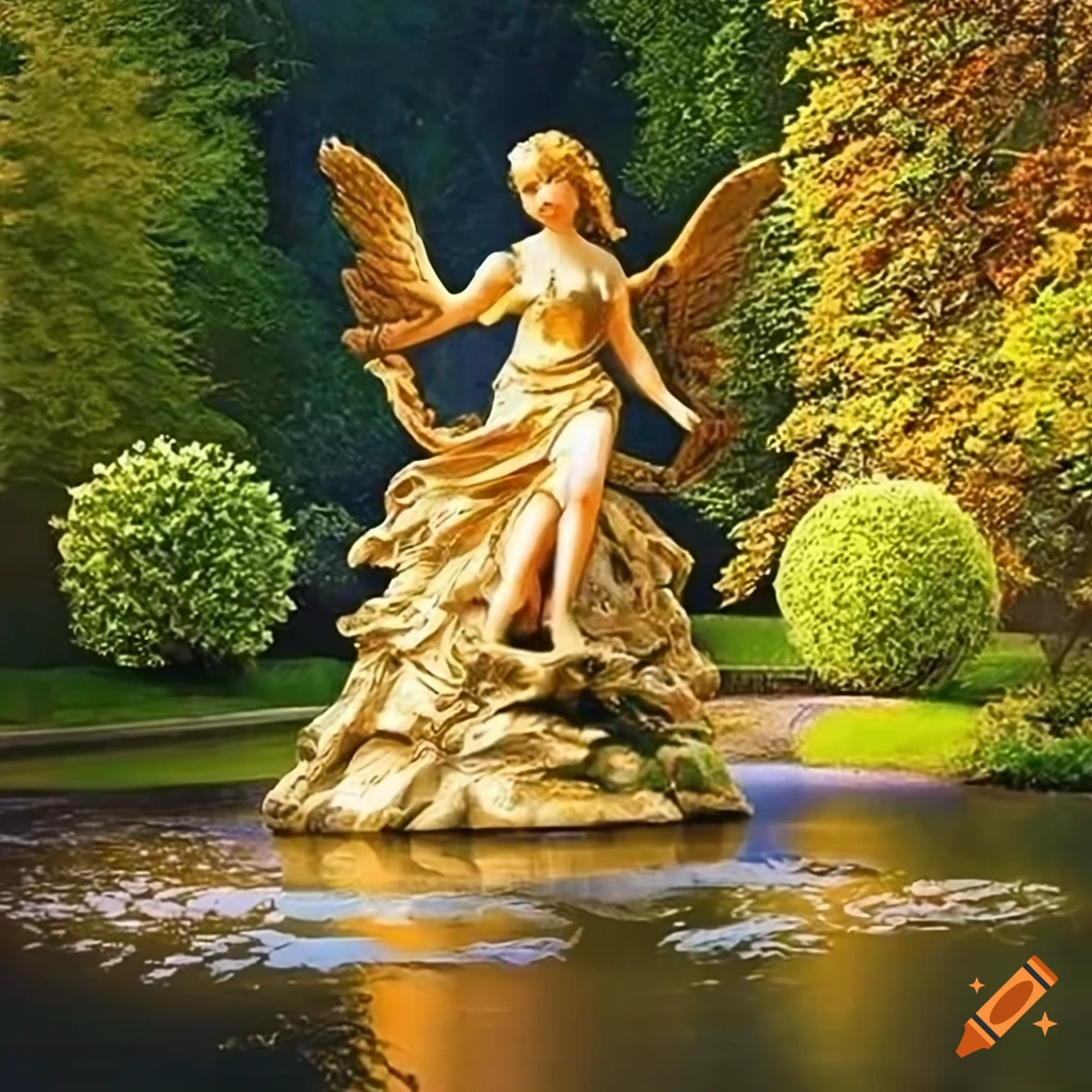 Sculpture of gold angel statues hugging in a victorian garden